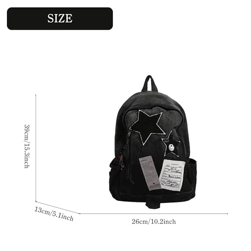 KANGDAWEI Cute Star Denim Backpack, Grunge Y2K Vintage Fashion Bookbag, Aesthetic Emo 2000s Backpack for Women Men Casual Bag (Black) - Image 5