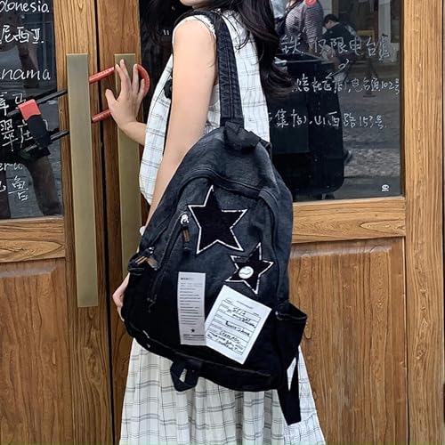 KANGDAWEI Cute Star Denim Backpack, Grunge Y2K Vintage Fashion Bookbag, Aesthetic Emo 2000s Backpack for Women Men Casual Bag (Black) - Image 4