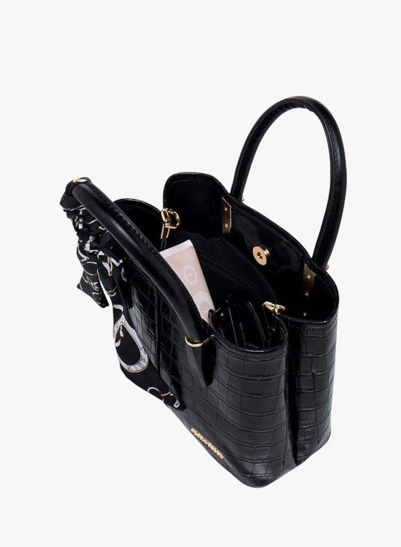 Flora Bella By Shoexpress BLACK Scarf Accent Tote Bag with Detachable Strap and Button Closure for Women | Best Price UAE