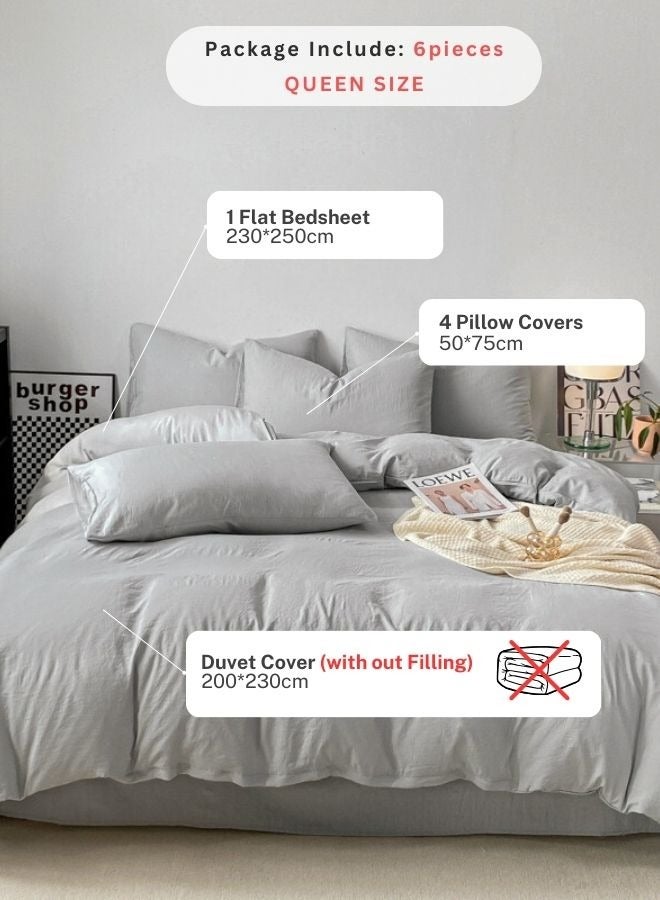 LUNA Home Queen Size 6 Piece Bedding Set Without Filling, Washable Cotton Light Grey Color. - Image 2