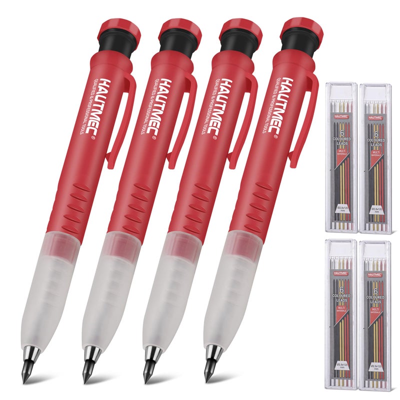 HAUTMEC 4 Pack 3-in-1 Carpenter Pencils with Removable Finger Grip, Built-in Sharpener and 28 Leads (3 Colors), Mechanical Construction Pencil for Deep Marking Scribing, Pro Tracer Pencil, HT0293-4 - Image 1