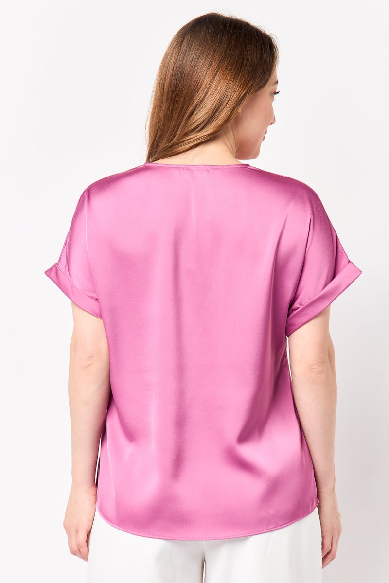 bebe Women V-Neck Short Sleeve Plain Blouse, Mauve - Image 3