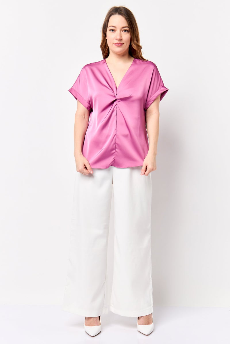 bebe Women V-Neck Short Sleeve Plain Blouse, Mauve - Image 2