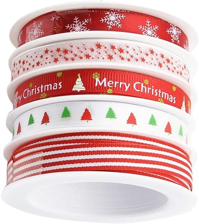 5Rolls Multicolor Grosgrain Ribbons - Perfect for Christmas Holiday Crafting and Gift Wrapping - DIY Hair Bows, Wedding Decor and Sewing Lace Trims, Z3A39ZE0KDBER9E18 - Image 1