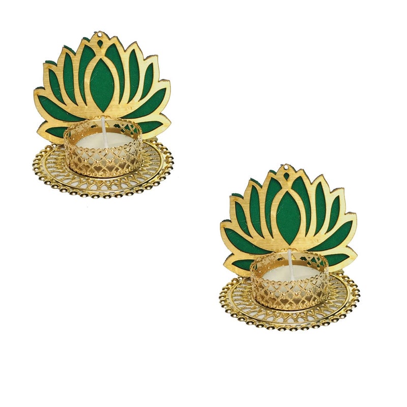 StayBuy Handmade Lotus Tealight Candle Holders with Intricate Gold Design for DecorationDiwali DecorationTable Top ColorGreen Pack02  - Image 2