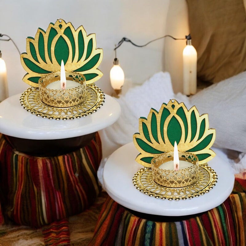 StayBuy Handmade Lotus Tealight Candle Holders with Intricate Gold Design for DecorationDiwali DecorationTable Top ColorGreen Pack02  - Image 1