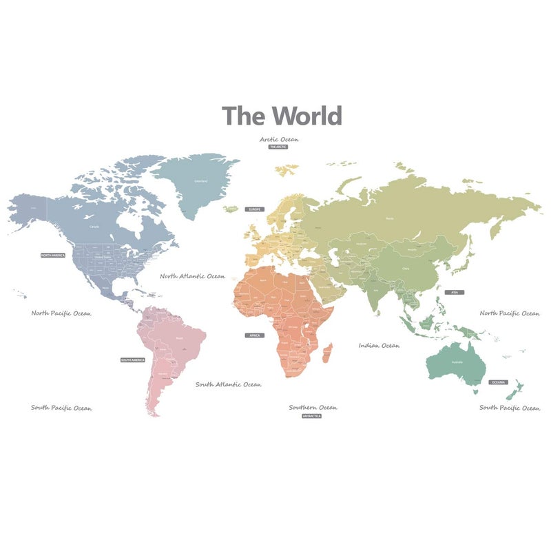 Decowall ديكوول DLT1809 ملصقات جدارية للأطفال خريطة العالم بألوان باستيل عصرية ملصقات قابلة للإزالة والتثبيت لغرف الأطفال وغرف النوم وغرف المعيشة كبيرة الحجم