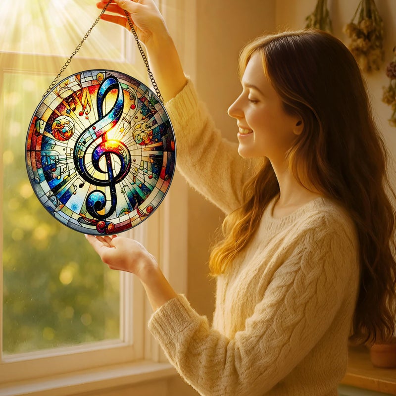 LAOWEIKI Stained Glass Window Hanging, LAOWEIKI 8'' Musical Note Suncatcher, Stained Glass Ornament, Suncatchers for Windows Hanging, Window Decor, Outdoor or Indoor, Gifts for Friends, Music Lover - Image 2