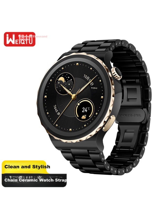 Wei Qiantu Weiqiantu Ceramic Watch Band For Huawei Gt5, Gt4, Gt5 Pro, Gt3, 4 Pro Smarch 22mm Ceramic Strap For Men And Women, 46/48mm, Three Beads Black - Image 1