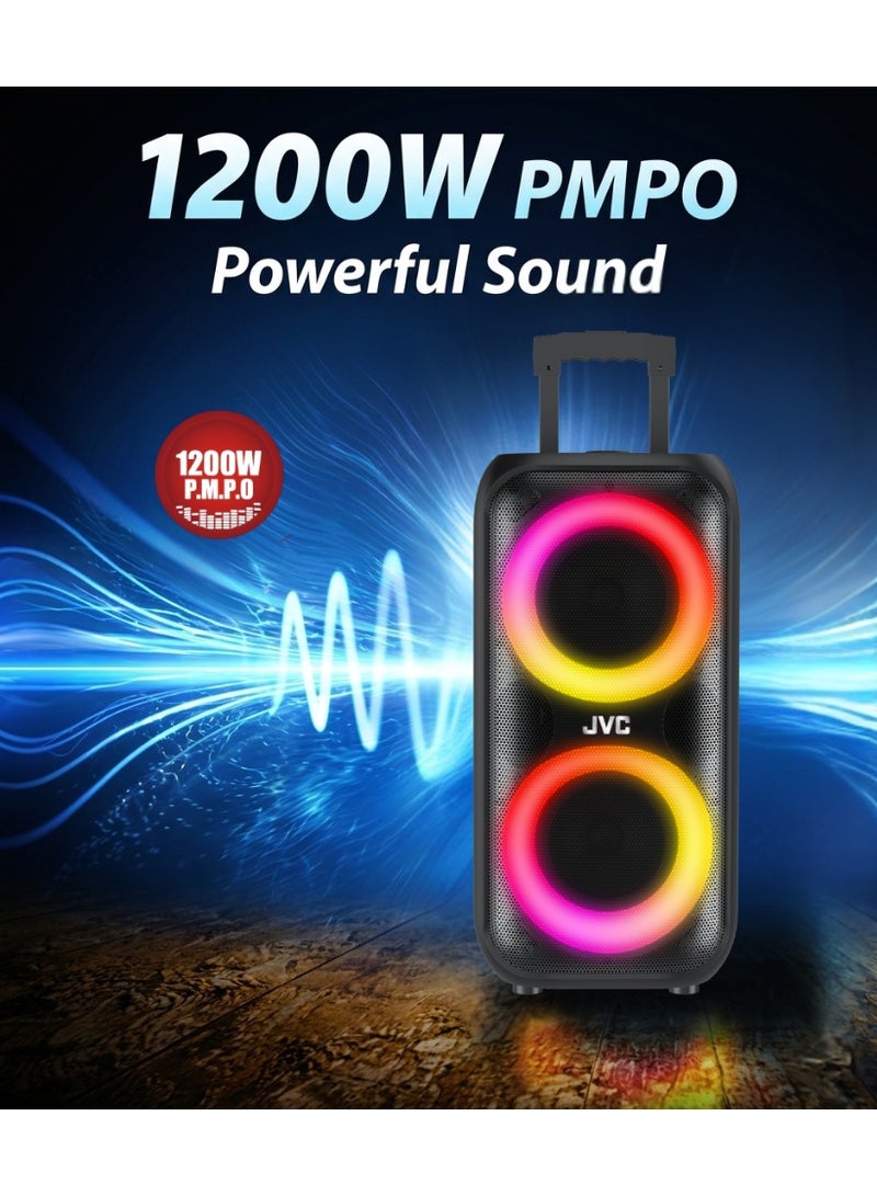 JVC Portable Bluetooth Trolley Party Speaker | 1200W PMPO | 3600mAh Battery | Multicolour LED Lights | AUX/FM/USB/Micro SD | Remote Control & Wired Mic | Type‑C Fast Charging -XS-N3216PB XS-N3216PB black - Image 3