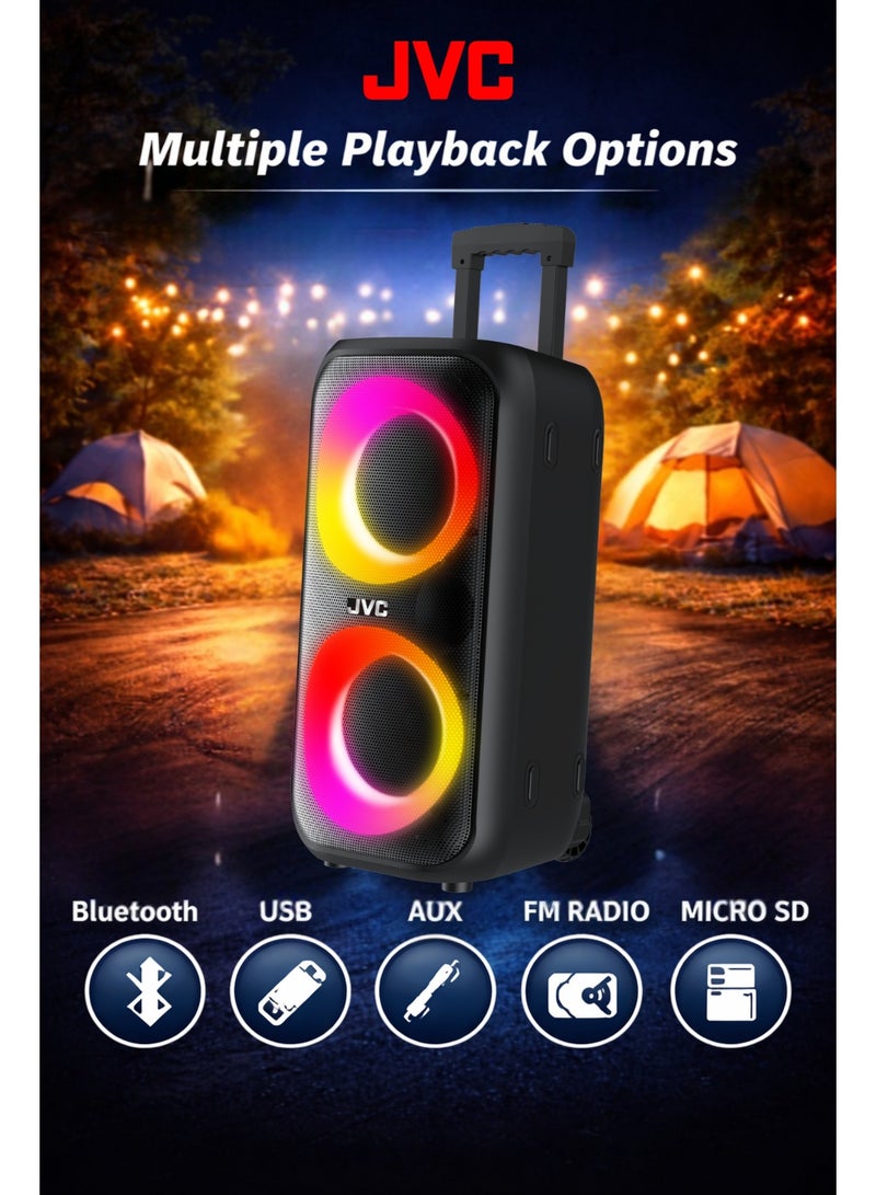 JVC Portable Bluetooth Trolley Party Speaker | 1200W PMPO | 3600mAh Battery | Multicolour LED Lights | AUX/FM/USB/Micro SD | Remote Control & Wired Mic | Type‑C Fast Charging -XS-N3216PB XS-N3216PB black - Image 2