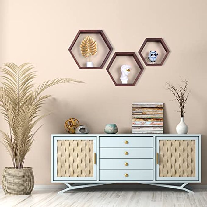 PHOENANCEE Hexagon Floating Shelves,Honeycomb Shelf Set of 3,Wood Farmhouse Hexagonal Decor Wall Storage for Living Room Bedroom Kitchen Office(Walnut) - Image 3