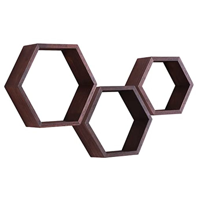 PHOENANCEE Hexagon Floating Shelves,Honeycomb Shelf Set of 3,Wood Farmhouse Hexagonal Decor Wall Storage for Living Room Bedroom Kitchen Office(Walnut) - Image 1