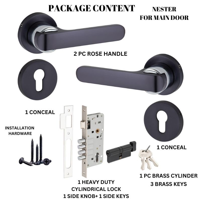Sardar Nester Black Finish Door Lock for Main Door/Mortise Door Lock Set/3 Brass Keys/Bedroom Door Lock/Handle Lock for Home/Office/Hotel (for Main Door (with Keys)) - Image 4