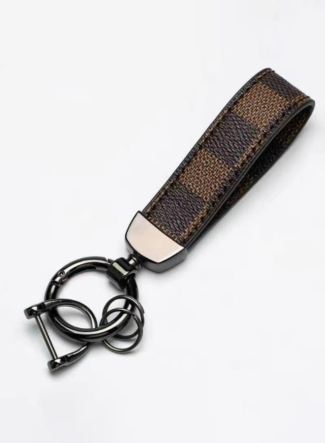 Car PU Leather Metal Keychain - Plaid Leather Zinc Alloy Ring 360° Rotating - Car Universal Wrist Band - Key School Bag Car Decoration Pendant - Black-brown/Send a Screwdriver - Image 1