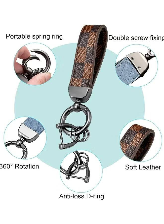 Car PU Leather Metal Keychain - Plaid Leather Zinc Alloy Ring 360° Rotating - Car Universal Wrist Band - Key School Bag Car Decoration Pendant - Black-brown/Send a Screwdriver - Image 4