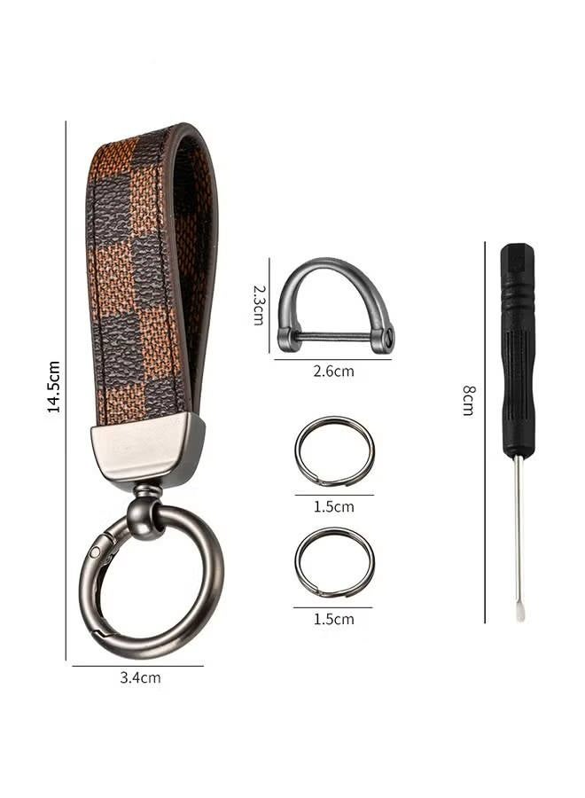 Car PU Leather Metal Keychain - Plaid Leather Zinc Alloy Ring 360° Rotating - Car Universal Wrist Band - Key School Bag Car Decoration Pendant - Black-brown/Send a Screwdriver - Image 2