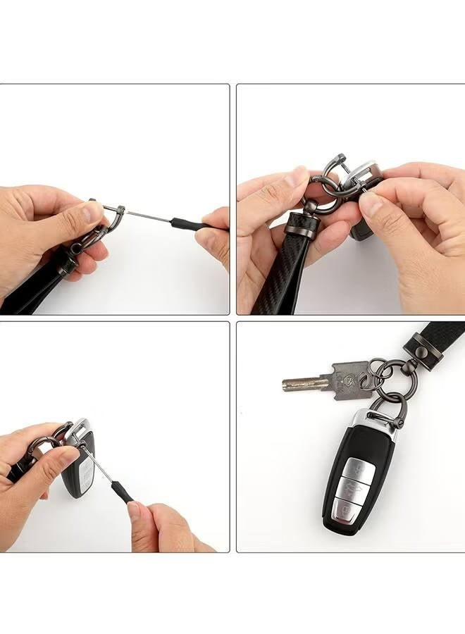 Car PU Leather Metal Keychain - Plaid Leather Zinc Alloy Ring 360° Rotating - Car Universal Wrist Band - Key School Bag Car Decoration Pendant - Black-brown/Send a Screwdriver - Image 5