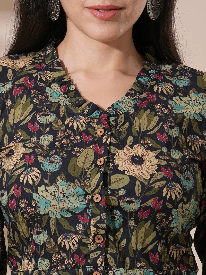 globus Women Frilled V-Neck Floral Print Shirt Style Crop Top With Palazzos Fusion Co-Ord Set