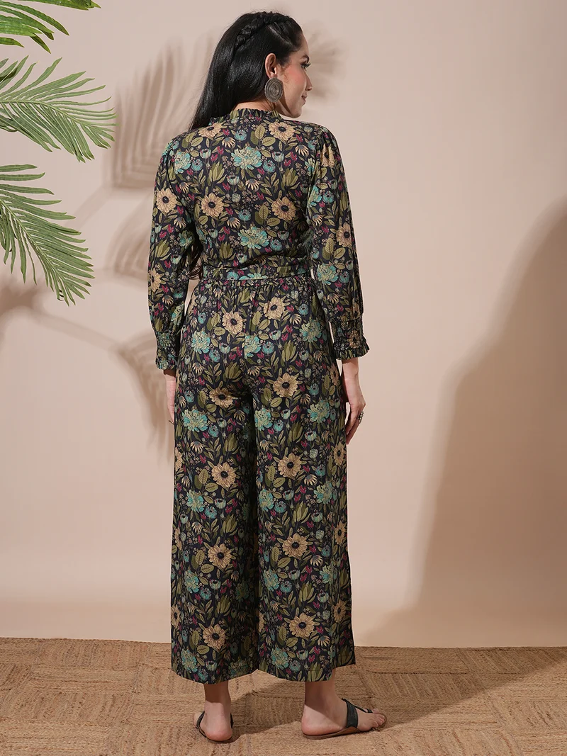 globus Women Frilled V-Neck Floral Print Shirt Style Crop Top With Palazzos Fusion Co-Ord Set