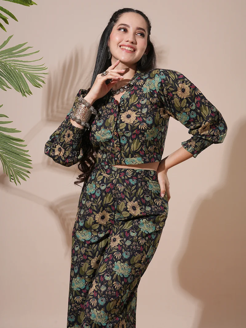 globus Women Frilled V-Neck Floral Print Shirt Style Crop Top With Palazzos Fusion Co-Ord Set