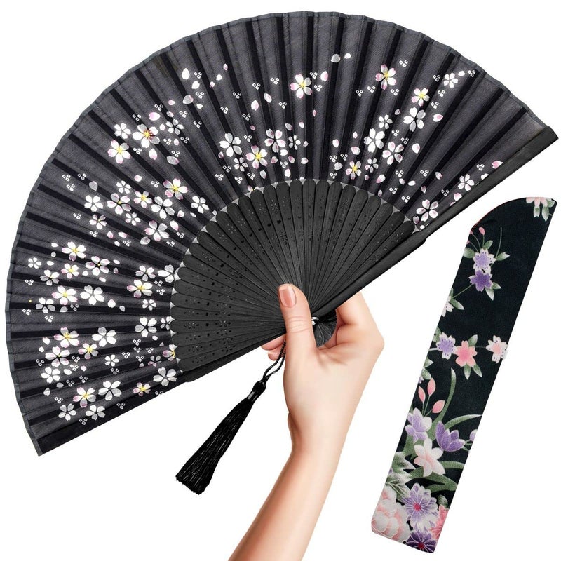OMyTea Folding Hand Fan for Women  Foldable Chinese Japanese Vintage Bamboo Silk Fan  for Hot Flash Church Decoration EDM Music Festival Dance Party Performance Gift Black Little Sakura