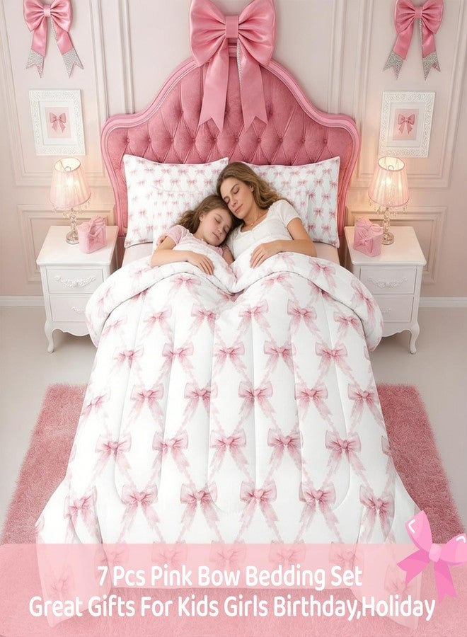 Erosebridal طقم مفروشات سرير للبنات من إيروسبريدال مكون من 7 قطع، لون وردي مزين بفيونكة، طقم لحاف أميرة مزدوج مع ملاءات، ديكور غرفة مزين بفيونكة، طقم سرير دانتيل أنيق مزين بفيونكة، طقم سرير أميرة مزين بفيونكة على شكل فراشة بألوان مائية - Image 3