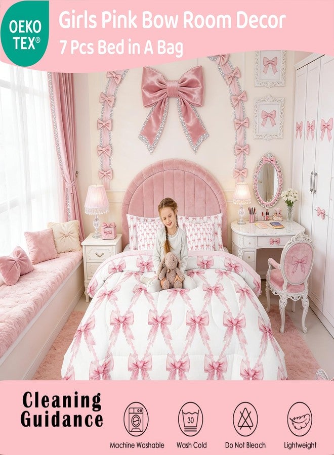 Erosebridal طقم مفروشات سرير للبنات من إيروسبريدال مكون من 7 قطع، لون وردي مزين بفيونكة، طقم لحاف أميرة مزدوج مع ملاءات، ديكور غرفة مزين بفيونكة، طقم سرير دانتيل أنيق مزين بفيونكة، طقم سرير أميرة مزين بفيونكة على شكل فراشة بألوان مائية - Image 2