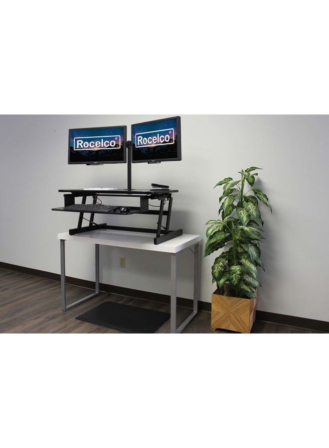 Rocelco 37.5" Deluxe Height Adjustable Standing Desk Converter with Dual Monitor Mount and Anti Fatigue Mat BUNDLE - Sit Stand Up Computer Workstation Riser - Keyboard Tray - Black (R DADRB-DM2-MAF) - Image 2