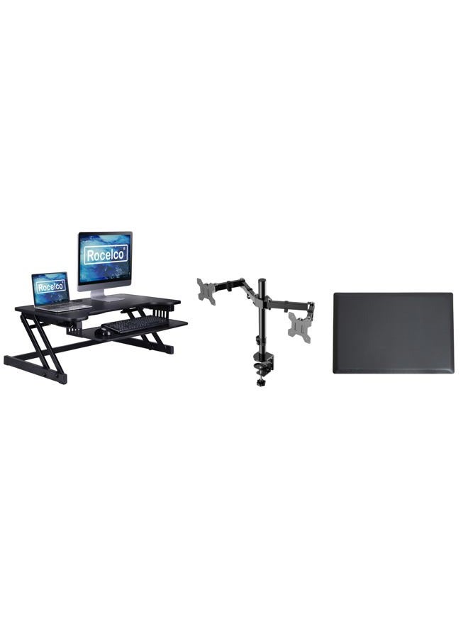 Rocelco 37.5" Deluxe Height Adjustable Standing Desk Converter with Dual Monitor Mount and Anti Fatigue Mat BUNDLE - Sit Stand Up Computer Workstation Riser - Keyboard Tray - Black (R DADRB-DM2-MAF) - Image 1