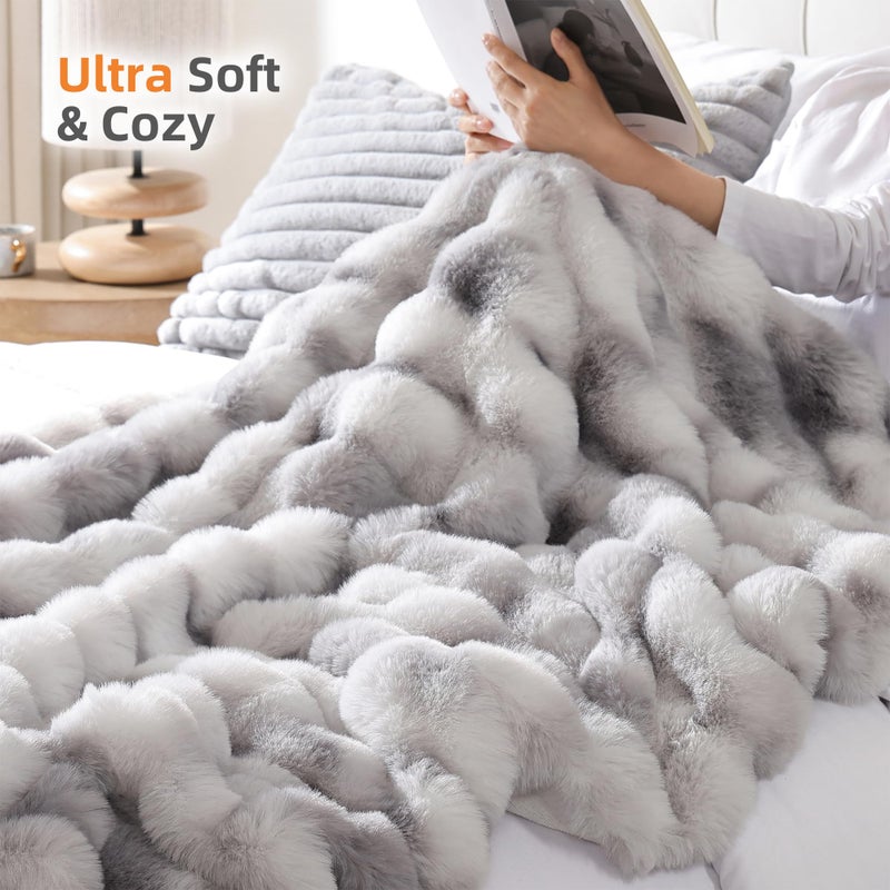 Smoofy Faux Fur Throw Blanket for Couch Rabbit Fleece - Tie-dye Grey Fluffy Blanket for Sofa Bedroom Living Room, Cozy Soft Plush Luxury Thick Winter Fuzzy Comfy Bubble Blanket - 60" x 80" - Image 4