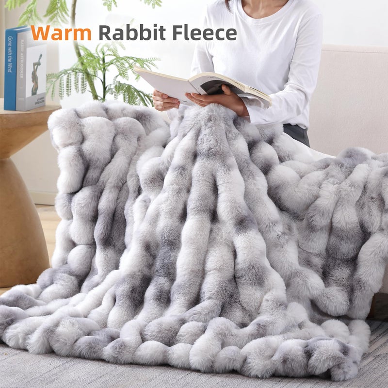 Smoofy Faux Fur Throw Blanket for Couch Rabbit Fleece - Tie-dye Grey Fluffy Blanket for Sofa Bedroom Living Room, Cozy Soft Plush Luxury Thick Winter Fuzzy Comfy Bubble Blanket - 60" x 80" - Image 5
