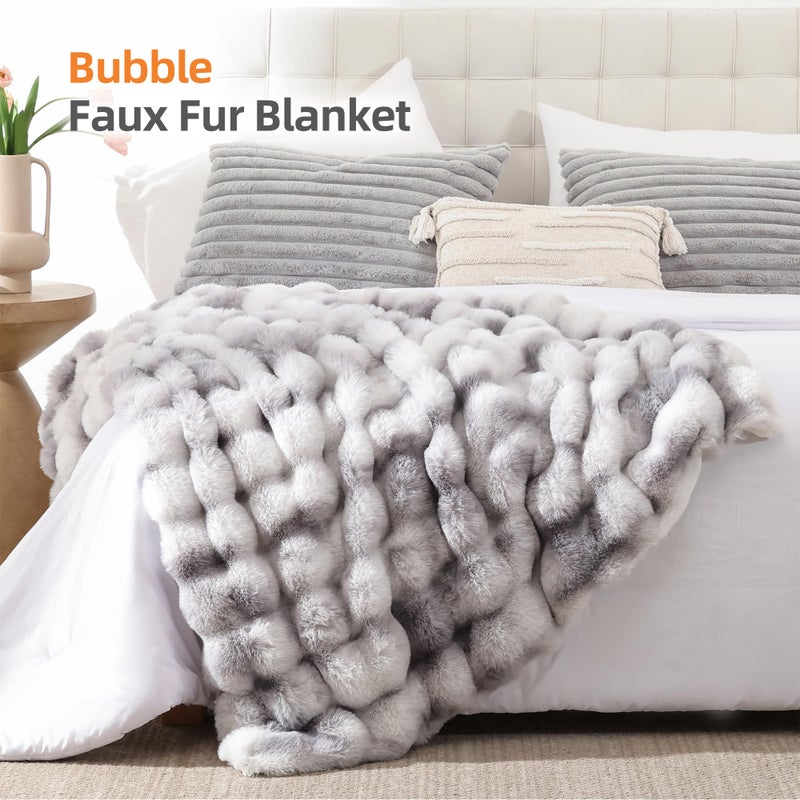 Smoofy Faux Fur Throw Blanket for Couch Rabbit Fleece - Tie-dye Grey Fluffy Blanket for Sofa Bedroom Living Room, Cozy Soft Plush Luxury Thick Winter Fuzzy Comfy Bubble Blanket - 60" x 80" - Image 2