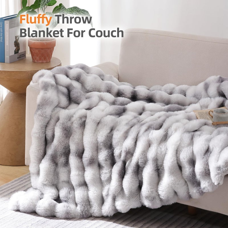 Smoofy Faux Fur Throw Blanket for Couch Rabbit Fleece - Tie-dye Grey Fluffy Blanket for Sofa Bedroom Living Room, Cozy Soft Plush Luxury Thick Winter Fuzzy Comfy Bubble Blanket - 60" x 80" - Image 3