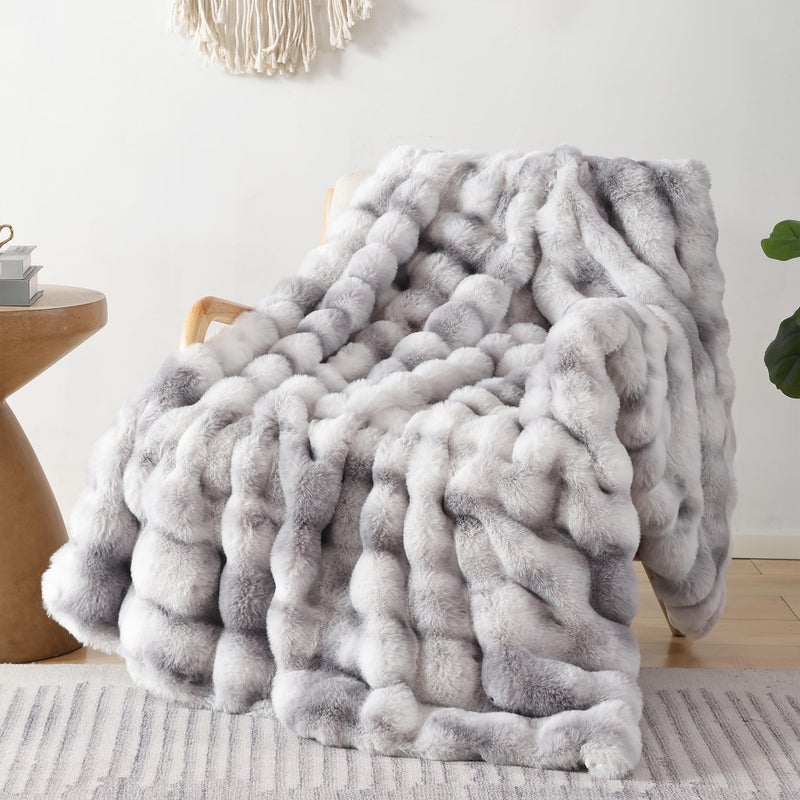 Smoofy Faux Fur Throw Blanket for Couch Rabbit Fleece - Tie-dye Grey Fluffy Blanket for Sofa Bedroom Living Room, Cozy Soft Plush Luxury Thick Winter Fuzzy Comfy Bubble Blanket - 60" x 80" - Image 1