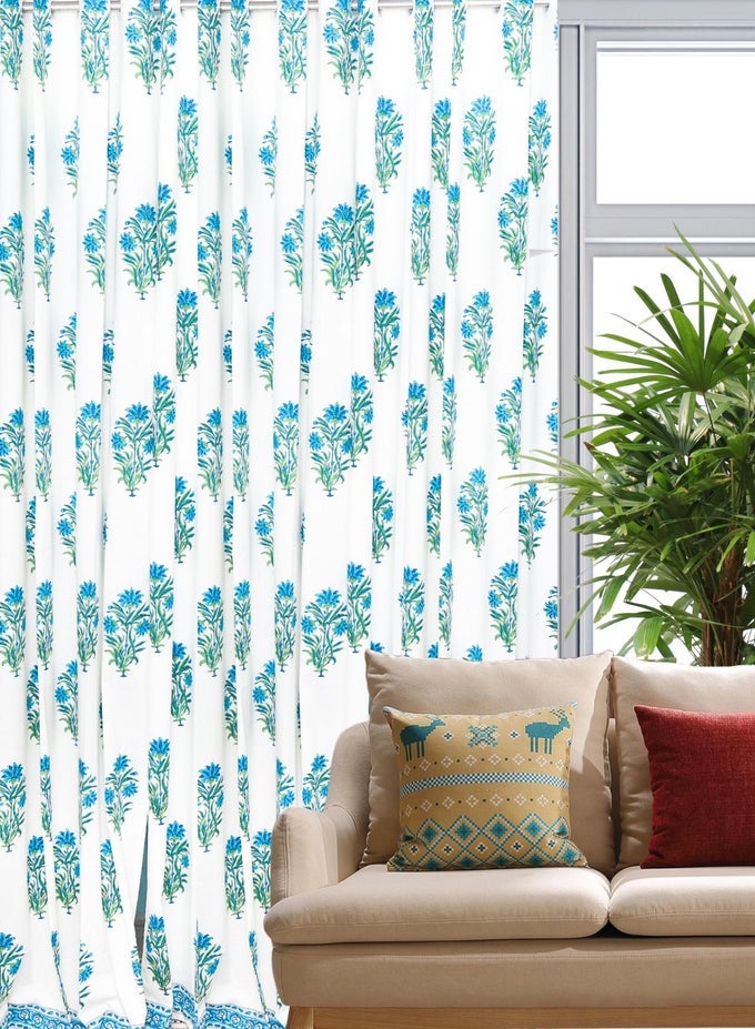 HAND BLOCK PRINTED BLUE AND GREEN 100 PERCENT PREMIUM ORGANIC COTTON CURTAINS 274 X 152 CM