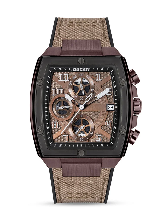 دوكاتي Ducati DT088 Chronograph Watch – Gun Dial, Coffee Screw-Detail Case, Multi-Layered Design, Leather Strap with Silicone Base, Water Resistant 50M
