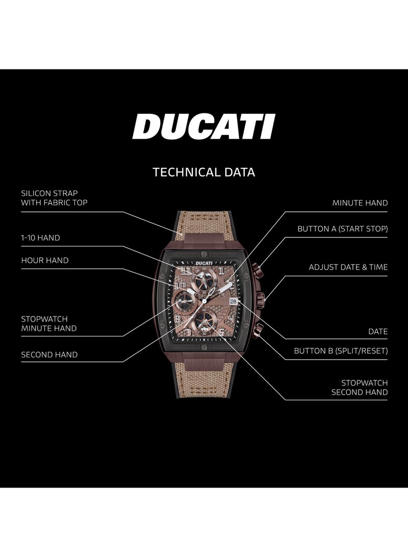 دوكاتي ساعة دوكاتي  كرونوغراف بقرص أسود، هيكل بمسامير قهوة، تصميم متعدد الطبقات، سوار جلد بقاعدة سيليكون، مقاومة للماء  متر - Image 4