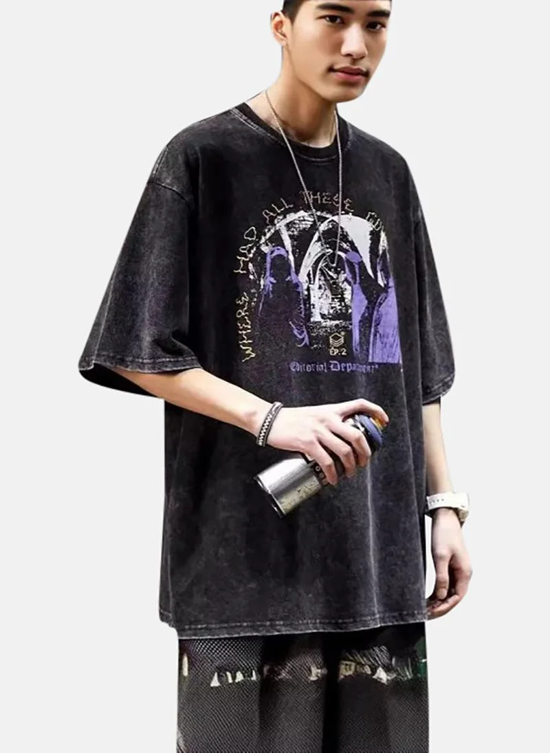 YUNIQEE Grey Printed Half Sleeve Round Neck T-Shirt