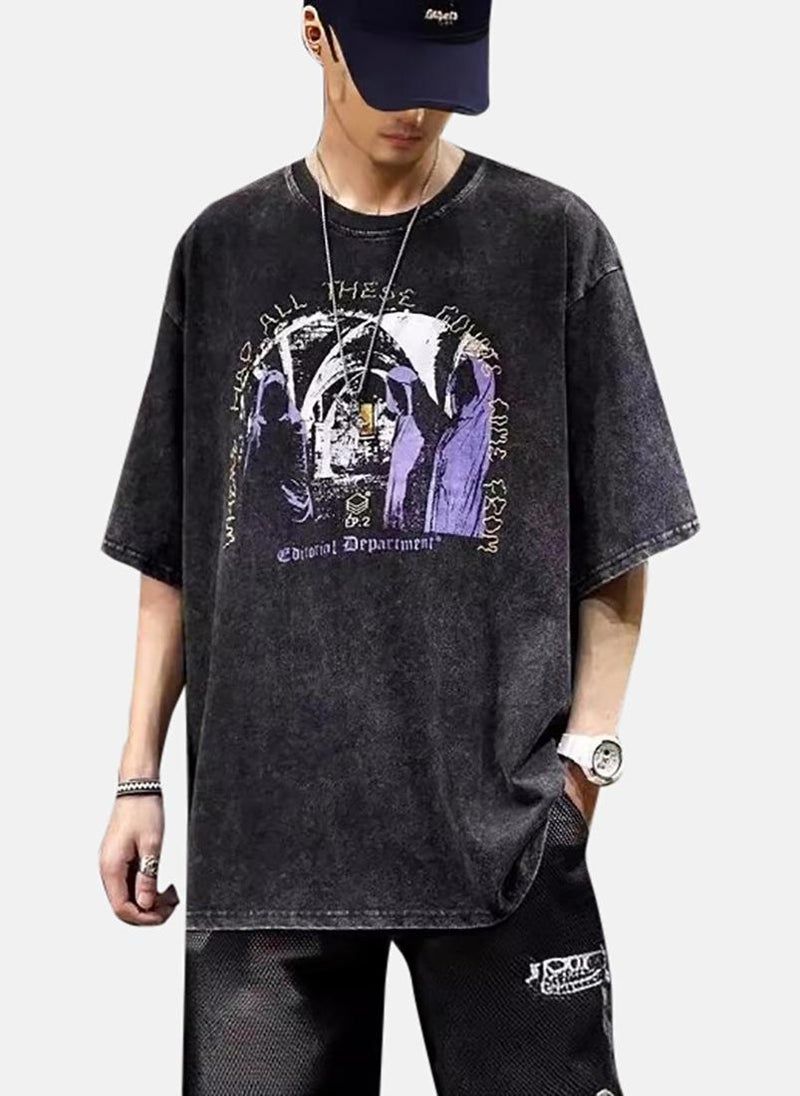 YUNIQEE Grey Printed Half Sleeve Round Neck T-Shirt - Image 1