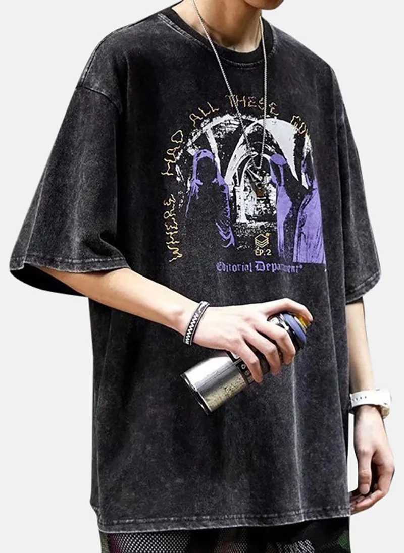 YUNIQEE Grey Printed Half Sleeve Round Neck T-Shirt