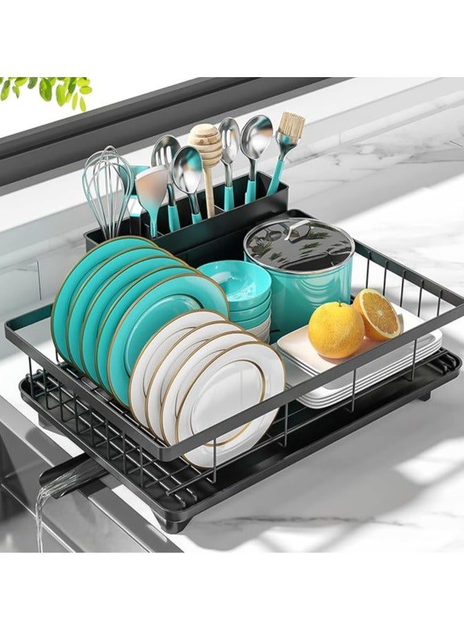 عربست رف تجفيف الأطباق، رف أطباق، رفوف أطباق من الفولاذ المقاوم للصدأ لطاولة المطبخ، مصفاة أطباق مع حامل أدوات قابل للإزالة، لوح تصريف (أسود) - Image 1