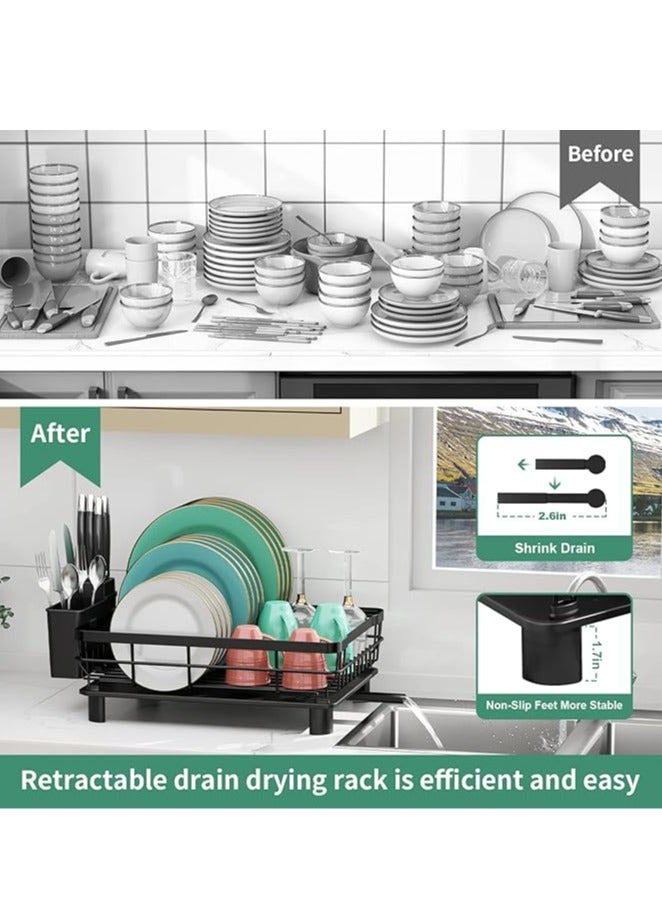 عربست رف تجفيف الأطباق، رف أطباق، رفوف أطباق من الفولاذ المقاوم للصدأ لطاولة المطبخ، مصفاة أطباق مع حامل أدوات قابل للإزالة، لوح تصريف (أسود) - Image 2