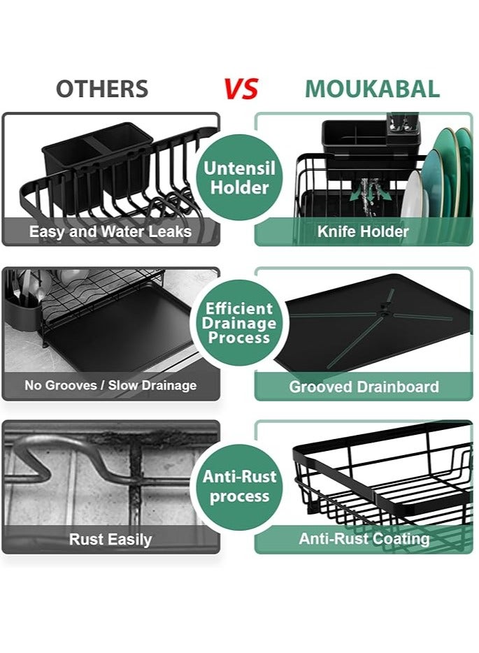 عربست رف تجفيف الأطباق، رف أطباق، رفوف أطباق من الفولاذ المقاوم للصدأ لطاولة المطبخ، مصفاة أطباق مع حامل أدوات قابل للإزالة، لوح تصريف (أسود) - Image 4