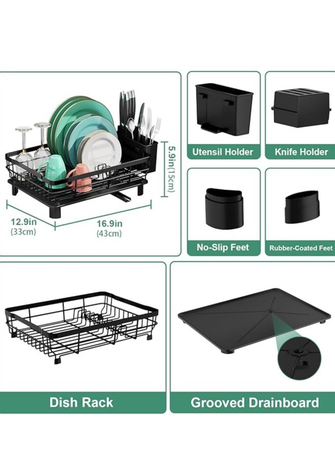 عربست رف تجفيف الأطباق، رف أطباق، رفوف أطباق من الفولاذ المقاوم للصدأ لطاولة المطبخ، مصفاة أطباق مع حامل أدوات قابل للإزالة، لوح تصريف (أسود) - Image 3
