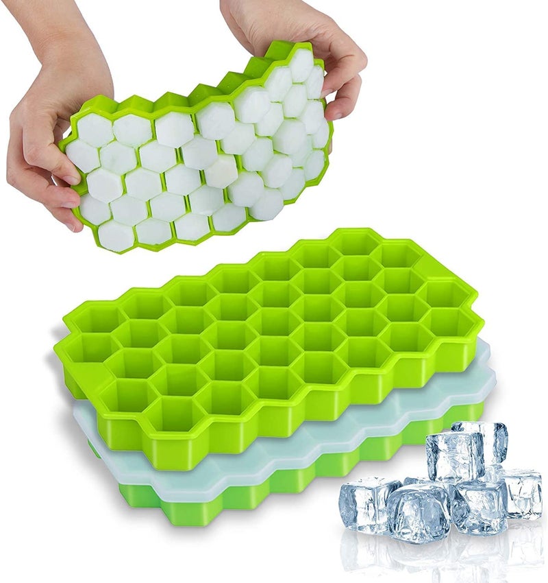 PXBQ Silicone Ice Cube Molds, Flexible 37 Ice Trays BPA Free, for Whiskey Cocktail, Stackable and Safe Ice Cube Small Cubes Fridge Bar Soft Tray (Honeycomb with LID - Pack of 3) - Image 5