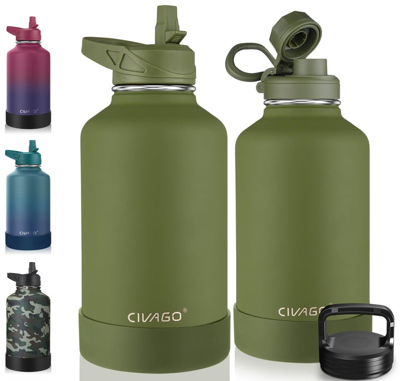 CIVAGO 64 oz Insulated Water Bottle With Straw Half Gallon Stainless Steel Sports Water Flask Jug with 3 Lids Straw Spout and Handle Lid Large Metal Thermal Cup Mug Army Green