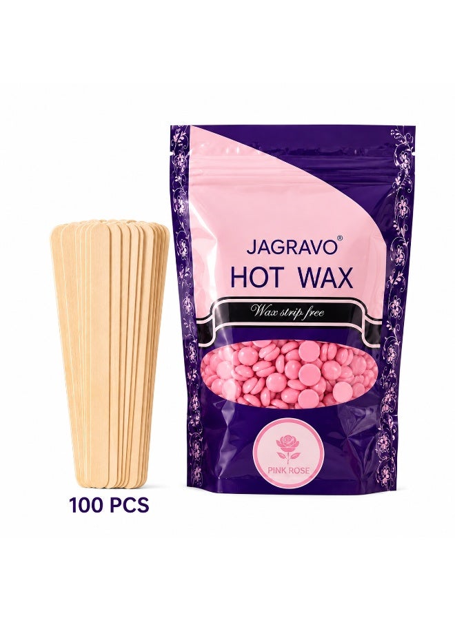 Jagravo Pink Rose Hard Wax Beans & Beads 500g with 100 Wooden Applicator Sticks, Stripless Brazilian Hair Removal Wax for Face, Body, Bikini, Arms & Underarms, Home & Professional Salon Use - Image 1
