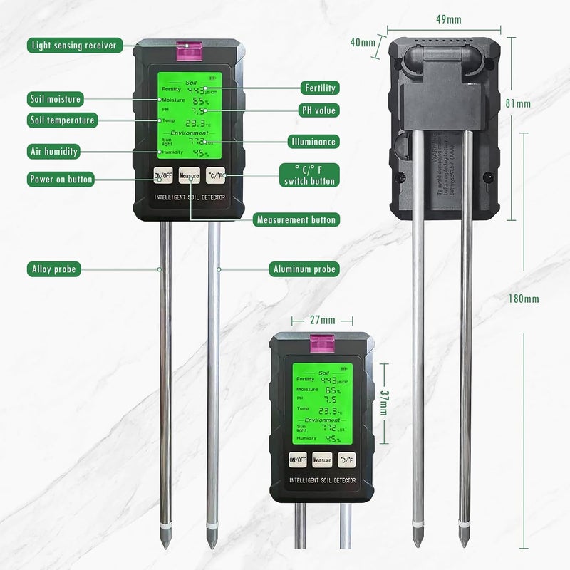 OneNine Soil pH Tester, 6 in 1 Soil Tester with Backlit LCD Display, Including pH/Temperature/Humidity/Light Test Gardening Tool Soil Meter for Plant Care for Garden, Lawn, Farm, Greenhouse - Image 4