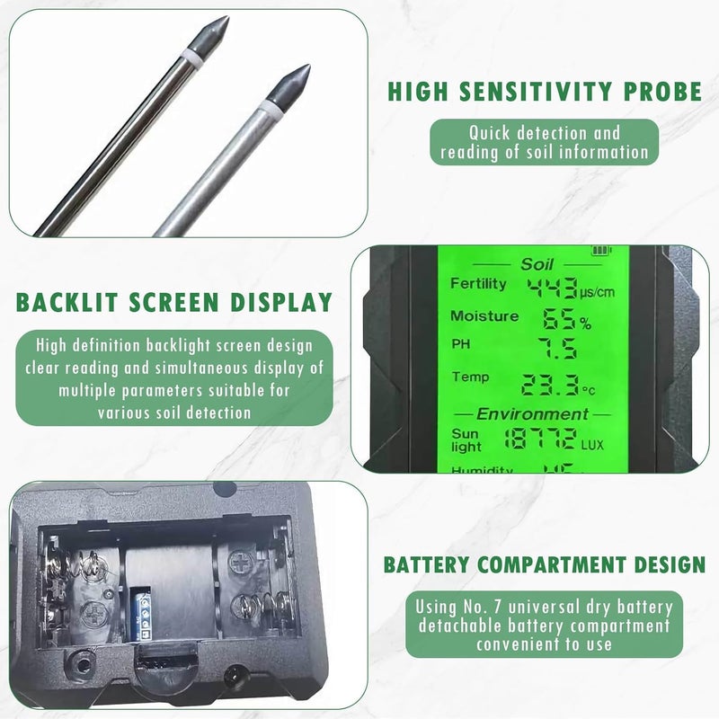 OneNine Soil pH Tester, 6 in 1 Soil Tester with Backlit LCD Display, Including pH/Temperature/Humidity/Light Test Gardening Tool Soil Meter for Plant Care for Garden, Lawn, Farm, Greenhouse - Image 5
